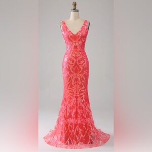 Coral Charming Mermaid Deep V Neck Sparkly Sequin Prom Dress with Embroidery